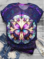 baratos Camiseta de Arte &amp; Design-Dia da Independência Americana Mulheres Camiseta Imprimir Gráfico Borboleta Vintage à moda Clássico Manga Curta Gola Redonda Tops regulares Diário Final de semana Verde Claro Castanho Claro Roxo