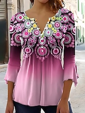  Womenská trička  Ombre květinové grafické elegantní vintage stylové 3/4 délka rukáv V výstřih dlouhé topy každodenní vycházky knoflíky modrá zelená  modrá růžová léto jaro