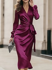 billiga Enkel klänning-Dam Midiklänning Satängklänning Festklänning Elegant Mode Modern Utomhus Semester Fest Normal Slät Långärmad V-hals Purpur Sommar Vår Höst
