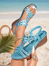 tanie Kobiety-Damskie sandały na koturnie w kolorze nieba w stylu boho z kryształowymi kwiatami – eleganckie sandały z paskiem w kształcie litery T i kryształkami na wakacje na plaży i do egzotycznych kurortów
