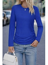 お買い得  プレーンTシャツ-女性用 ティートップ 純色 ヴィンテージ ファッション カジュアル 長袖 クルーネック レギュラートップス 日常 お出かけ ブルー ブラック ホワイト ルビーレッド カーキ色 春 秋 冬