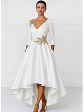 billige Te Lengde-A-linje Asymmetrisk Festkjole Cocktail Kjole Gjestekjole til bryllup Kjole til brudens mor Langermet V-hals Elegant Formell Sateng med Appliqué