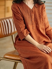economico Vestiti-Per donna Abito Midi Abiti effetto lino Abito a Tubino Abito Estivo Casual Quotidiano Vestibilità comoda Semplice Manica 3/4 Scollo a V Blu Arancione Verde Beige Estate Autunno