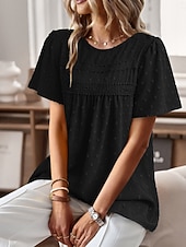 cheap Plain Blouses-Women's Summer Shirt Casual Shirt Blouse Lace Trim Solid Color Vacation Stylish Casual Short Sleeve Crew Neck Regular Tops Daily Beach Holiday Blue Black White Pink Red Summer Spring