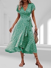 זול שמלות פרחוניות יומיומיות-בגדי ריקוד נשים שמלת מידי שמלת קז'ואל שמלת מעטפת שמלה פרחונית אלגנטית אופנתי מודרני בָּחוּץ חופשה ליציאה רגיל פרחוני שרוולים קצרים צווארון V שחור צהוב ורוד מסמיק אודם קיץ אביב