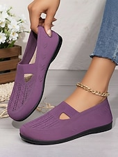 voordelige Platte damesschoenen-Paarse, ademende gebreide ballerina's voor dames met een brede pasvorm – lichtgewicht, elastische instapschoenen, minimalistische casual stijl voor wandelen, werk, reizen en dagelijks comfort.