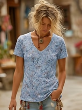 cheap Boho tee-Women's Boho Shirt T Shirt Print Floral Graphic Bohemia Vintage Casual Short Sleeve V Neck Long Tops Daily Pink Sky Blue Khaki Summer Spring
