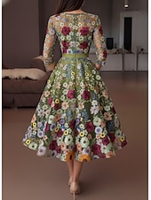 cheap Cocktail Dresses-A-Line Tea Length Cocktail Dresses Elegant Vintage Floral Half Sleeve V Neck Garden Party Wedding Pocket Satin Lace with Embroidered Flower Embroidery Pocket