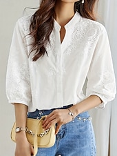 Недорогие Кружевные топы-Жен. Блуза Вышивка Пуговицы Сплошной цвет Элегантный стиль Стиль Классический Рукав 3/4 V-образный вырез Обычные топы Повседневные Белый Лето Весна Осень