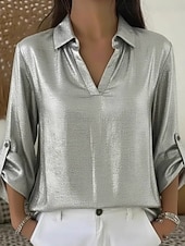 tanie Gładkie bluzki-Damskie Koszula Codzienna koszula Równina Zabytkowe Elegancki Klasyczny Długi rękaw W serek Zwykłe topy Codzienny Święto Wyjściowe Czarny Biały Czerwony Złoty Wiosna Jesień