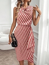 Χαμηλού Κόστους Ριγέ και γεωμετρικό φόρεμα-Γυναικεία Φόρεμα μέχρι το γόνατο Φόρεμα σε ευθεία γραμμή Φόρεμα με δέσιμο στα πλάγια Κομψό Μοντέρνα Καθημερινά ΕΞΩΤΕΡΙΚΟΥ ΧΩΡΟΥ Διακοπές Κανονικό Γεωμετρικό Αμάνικο Με σούρα στο λαιμό