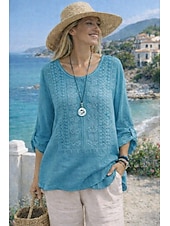 abordables Camisas-Mujer Camisa Algodón Compuesto Blusa Malla Plano Moderno Media Manga Cuello Barco Tops regulares Diario Festivos Noche Azul Piscina Blanco Amarillo Morado Caqui Verano