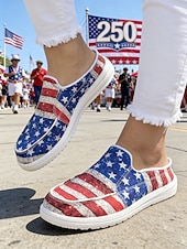  United States 250th Anniversary Women's Red Blue American Flag Print Comfort Mules – Canvas Slip-On Shoes USA Fourth of July Outdoor Events Travel  Daily Wear