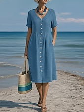 tanie Podstawowe sztuczne sukienki-Damskie Sukienka midi Sztuczna bawełna len Sukienka A line Codzienny Codzienny Regularny Równina Krótki rękaw W serek Niebieski Czarny Biały Wino Lato Wiosna