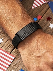 cheap Men's Jewelry-Men's Adjustable Alphabet Bracelet with Stainless Steel Flag Plate, Polyester Elastic Band, 26 Initial Letters, Patriotic Wristband for US 250th Anniversary &amp; Independence Day