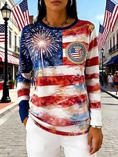  Amerikanska självständighetsdagen Dam T-shirt T-tröja Mönster Grafisk Flagga Stjärna Mode Grundläggande Klassisk Långärmad Rund hals Vanliga toppar Dagligen Utekväll Helgen Blå Rubinrött Sommar Vår
