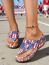 billige Damesko-USAs 250-årsjubileum Kvinners rød-blå patriotiske USA-flagg kile sandaler – Komfortable polstrede sommersko parader festivaler gåing og hverdagscasual