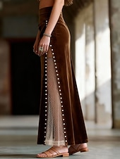cheap Skirts-Women's Faux Suede Skirt Vintage Fashion Casual Maxi Mid Rise Skirts Color Block Mesh Inelastic Street Going out Brown Spring