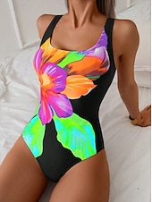 Χαμηλού Κόστους Ολόσωμα μαγιό-Γυναικεία Μαγιό Ενα κομμάτι Αντρικά σλιπ Μαγιό Ρούχα παραλίας Φθινόπωρο Φλοράλ Γραφική Λαιμόκοψη U Αμάνικο Μαγιό