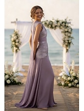 economico Matrimonio Informale / Di Giorno-Tubino Colonna Lunghezza al pavimento Abito da invitata a nozze Abito a mantella Abito sopragonna Abiti per invitati a matrimoni Elegante Quotidiano Senza Maniche Scollo a Cascata Festa in giardino