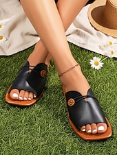 economico Infradito scivolosi-sandali piatti neri da donna con dettaglio a bottone, adatti per abbigliamento casual, uscite estive, spiaggia e attività quotidiane