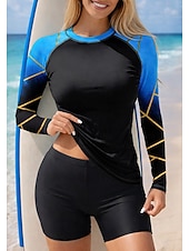 お買い得  サーフィンタンクiniとビキニ-女性用 ラッシュガード水着 ラッシュガード タンキニ水着 勾配 縞柄 2個 取り外し式パッド ボイレグ UVサンプロテクション UPF50+ UVプロテクション 長袖 スイムウェア ラッシュガード サーフィン カヌー ウォータースポーツ 夏