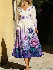  Per donna Abito Midi Abito Boho Vestito Casual Elegante Moda Quotidiano All'aperto Vacanza Vestibilità regolare Floreale Manica Lunga Scollo a V Viola Estate Primavera Autunno