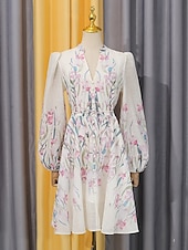  A-Line Knee Length Wedding Guest Dress Wedding Guest Dresses Elegant Daily Long Sleeve V Neck Garden Party Wedding with Floral Print Print Strappy