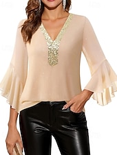 baratos Blusas Elegantes-Mulheres Blusa Tops de lantejoulas Patchwork Bloco de cor à moda Moderno Manga 3/4 Sino Decote V Tops regulares Diário Feriado Para Noite Azul Preto Vermelho Verde Verão Primavera