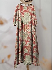 Χαμηλού Κόστους Floral φορέματα-Γυναικείο Μακρύ Φόρεμα Λινάρι Τόσο Αναπνεύσιμη Ελαφριά Σαλοπέτα Άμεσου Στυλ Καλοκαιρινό Φόρεμα Διακοπών Καθημερινό Μποχό Παραλία Διακοπές 3/4 Μανίκι Λαιμός Φαρέτρα