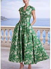 رخيصةأون فساتين متنوعة-A-الخط طول الكعب فساتين متنوعه أنيق زهري كم قصير V رقبة حفلة في الحديقة زفاف جيبة قماش الجاكار مع طباعة الأزهار طيات جيبة