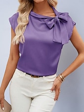 billiga Kostymblusar-Dam Skjorta Satinskjorta Blus Slät Stylish Grundläggande Klassisk Kortärmad Knyt hals Vanliga toppar Dagligen Helgdag Utekväll Gul Ljusgrön Orange Grön Sommar Vår