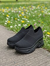 billiga Damsneakers-vita stickade slip-on-platåskor med kilklack för kvinnor – bekväma, grova athleisure-skor för dagliga promenader, ärenden och resor