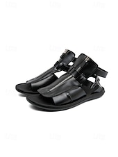 cheap Sandals-Men's Black Faux Leather Open-Toe Sandals, Buckle Strap Design, Comfortable Support, Casual Elegant Style for Beach Wedding Guests