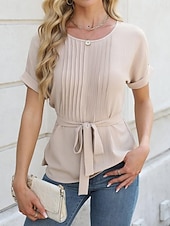 preiswerte Einfache Blusen-Damen Popover-Hemd Sommerhemd Freizeithemd Bluse Gerafft Schnürung Einfach Elegant Stilvoll Basic Kurzarm Rundhalsausschnitt Normale Oberteile Täglich Strand Ferien Blau Schwarz Weiß Grün Sommer