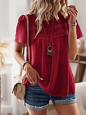 cheap Plain Blouses-Women's Summer Shirt Casual Shirt Blouse Lace Trim Solid Color Vacation Stylish Casual Short Sleeve Crew Neck Regular Tops Daily Beach Holiday Blue Black White Pink Red Summer Spring