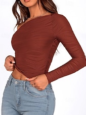 tanie gładka koszulka-Damskie Podkoszulek Koszulka Jednokolorowe Elegancja Moda Elegancki Długi rękaw Z odsłoniętymi ramionami Zwykłe topy Codzienny Wyjściowe Weekend Czarny Biały Rumiany róż Zieleń wojskowa Czerwony