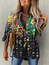 tanie Odzież damska na karnawał-Karnawał Mardi gras Damskie Koszula Bluzka Niejednolita całość Guziki Nadruk Ombre Graficzny Geometryczny Zabytkowe Codzienny Długi rękaw W serek Kołnierzyk koszuli Zwykłe topy Codzienny Biały Zielony