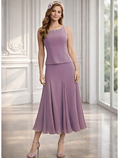 cheap Mom's Dress Sets-Two Piece A-Line Tea Length Wedding Guest Dress Mother of the Bride Dress 3/4 Length Sleeve Jewel Neck Elegant Wedding Guest Engagement Party Chiffon with Beading