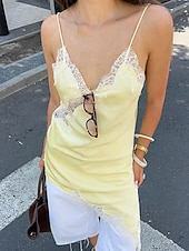 abordables Plain Dress-Women's Mini Dress Black Dress Lace Dress Slip Dress Elegant Fashion Classic Daily Outdoor Beach Loose Fit Plain Sleeveless V Neck Light Yellow Black Brown Beige Summer Spring