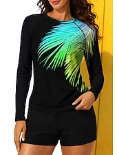 baratos Surfistas Tankinis &amp; Bikinis-Mulheres Normal Maiô Rashguard Anti Atrito Maiô com estampa floral Floral Tropical Bloqueio de cores 2 Peças Bojo Removível Boyleg Proteção Solar UV UPF50+ Proteção UV Manga Longa Roupa de Banho Anti