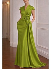 economico Abiti da ballo-Abito da ballo Strascico a Terra Abito da Sera Abito da ballo con sopragonna Elegante Manica a Cappuccio Scollo a V Matrimonio Formale Raso Elasticizzato con Fiori 3D Pieghe