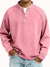 cheap Basic T shirts-Men's T Shirt Henley Shirt 100% Cotton Acid Wash Shirt Tee Top Long Sleeve Plain Vintage Streetwear Casual Washed Raglan Sleeves Stand Collar Henley Casual Home Street Spring Fall Fall &amp; Winter Black