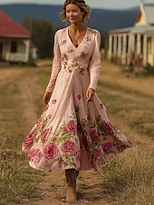 economico Abiti floreali-Per donna Abito Midi Abito a trapezio Festa Casual Boho Data Vestibilità regolare Floreale Grafico Manica Lunga Scollo a V Rosa Estate Primavera