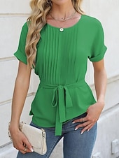 preiswerte Einfache Blusen-Damen Popover-Hemd Sommerhemd Freizeithemd Bluse Gerafft Schnürung Einfach Elegant Stilvoll Basic Kurzarm Rundhalsausschnitt Normale Oberteile Täglich Strand Ferien Blau Schwarz Weiß Grün Sommer