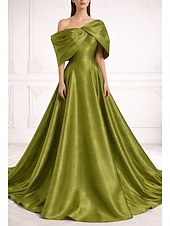  A-Line Floor Length Evening Gown Ball Gown Elegant Glittering Short Sleeve One Shoulder Wedding Formal Pocket Taffeta with Pleats Pocket