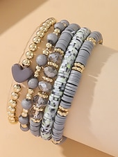 お買い得  レディースブレスレット-女性用ボヘミアンアクリルビーズブレスレットセット、ハートチャーム付きマルチカラーストレッチバングル、バレンタインデーのギフトや普段使いに最適な軽量重ね付け可能なブレスレット