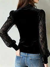 abordables Tops de Encaje-Mujer Camisa Blusa Tops de encaje Encaje Botones Plano Diario Elegante Moderno Manga Larga Escote en Pico Tops regulares Diario Festivos Noche Negro Verano Primavera Otoño Invierno