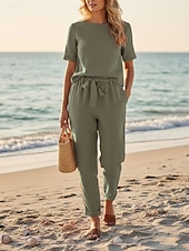 abordables Conjuntos-Mujer Conjuntos de lino y algodón Conjuntos de dos piezas Conjuntos de pantalones Manga Corta Escote Redondo Plano Moda Ropa de calle Casual Diario Exterior Verde Ejército Azul Marino Marrón Verano