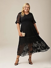  Femmes Robe Midi Robe en Chiffon Élégant Fleuri Demi Manches Col en V Noir